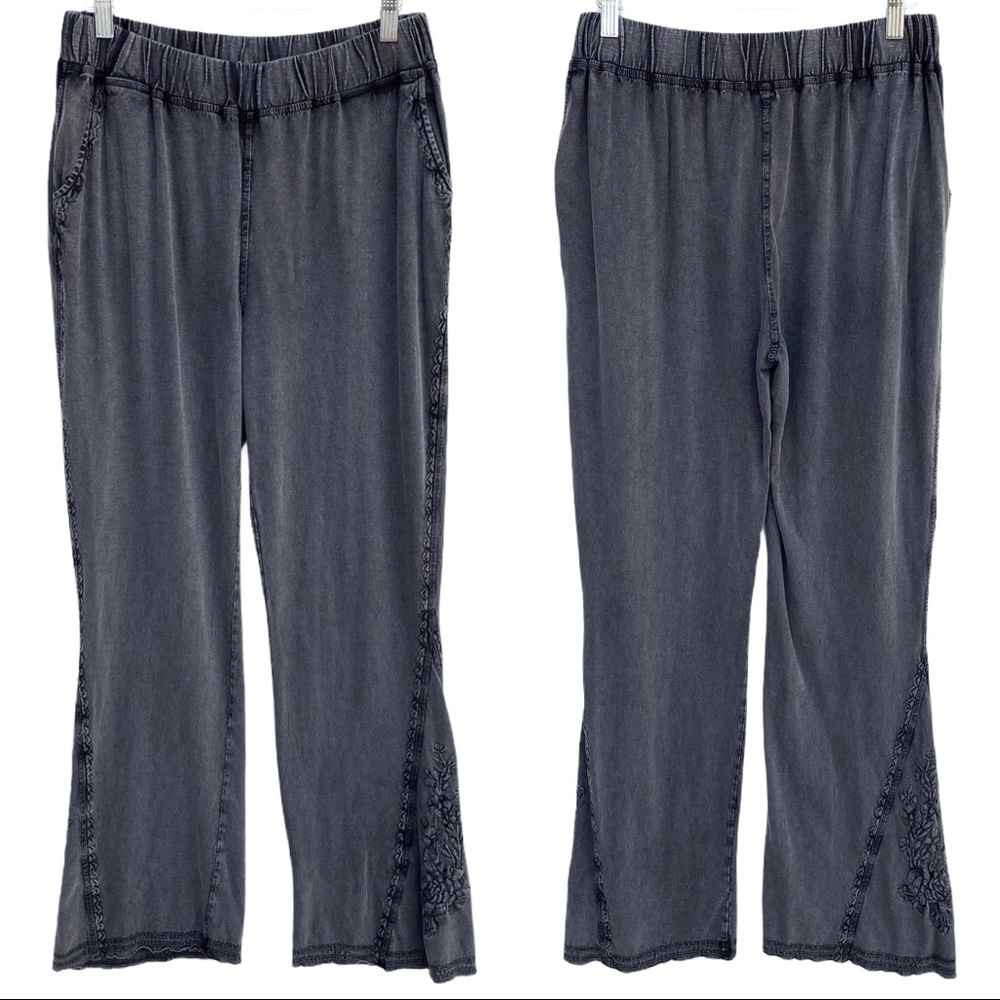 Soft Surroundings Gray Embroidered Wide Leg Pants